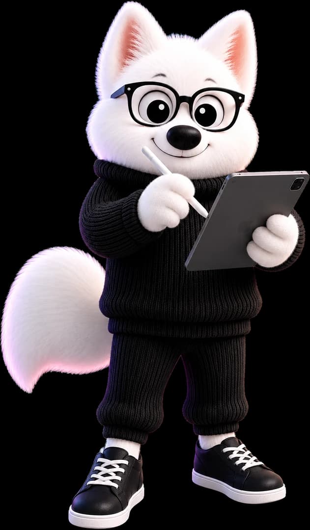 The Neonic mascot — a white fox in a black sweater and glasses — taking notes on a tablet.